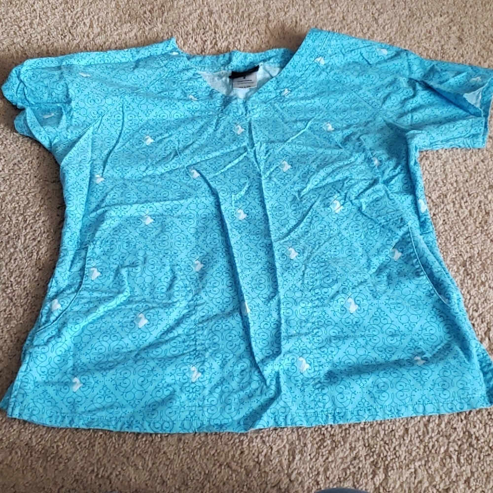 Baby Phat Scrub Top Size S Teal Seahorse Print Nursing CNA Vet Tech Y2K Scrubs